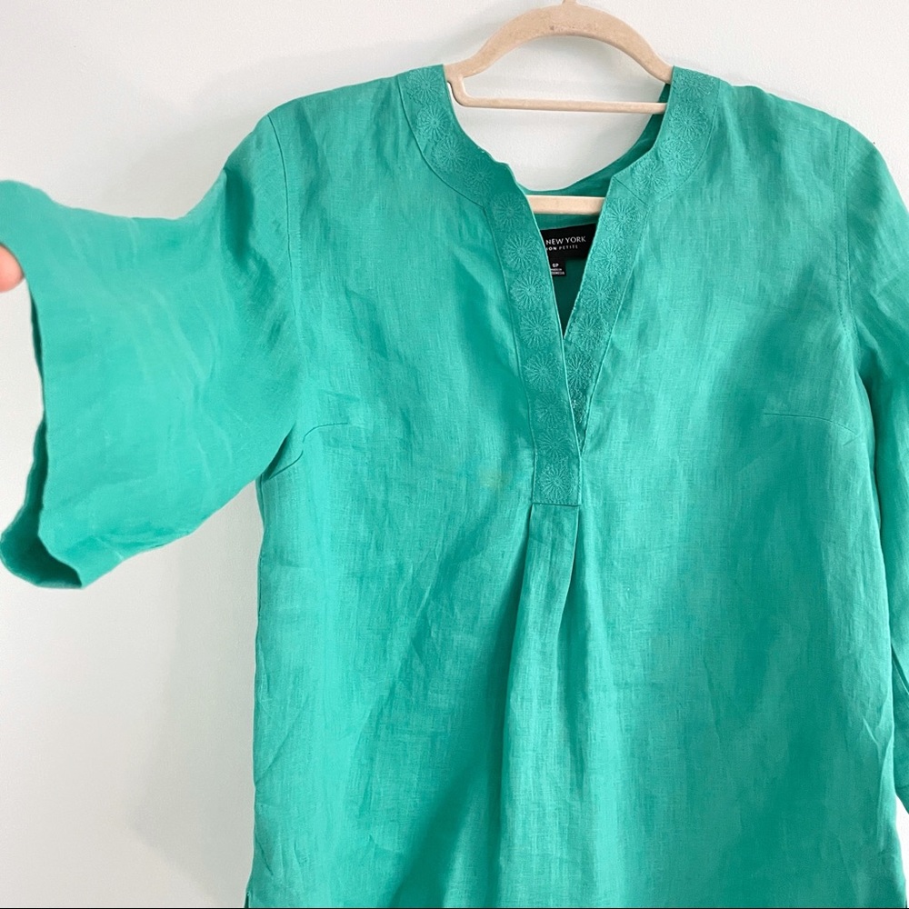 Emerald Green Tunic in 100% Cool Linen with Embroidery by Jones New York